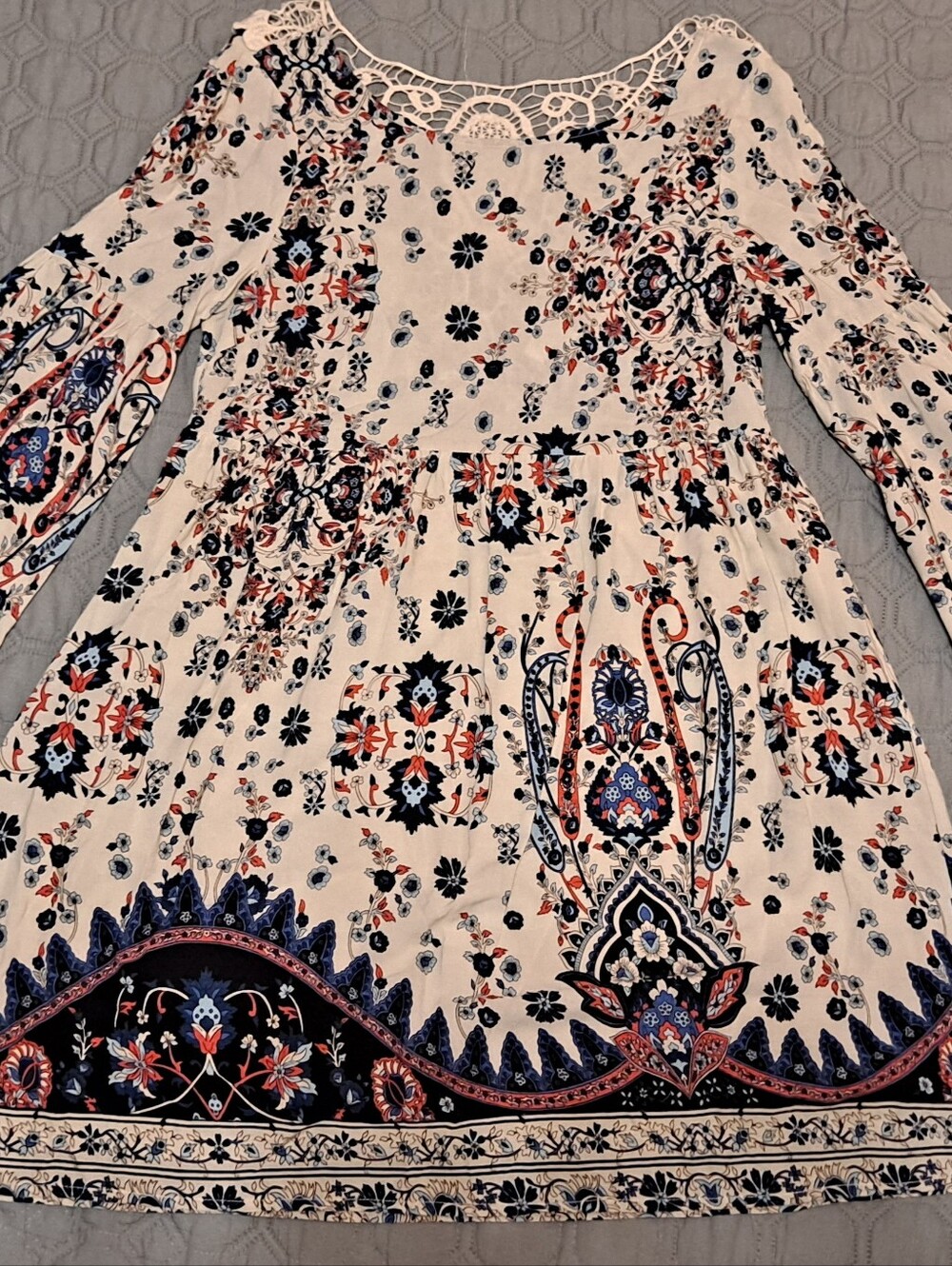 Boho Floral Lace-Trim Long Sleeve Dress - Ivory/Navy Sz S